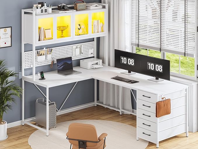 SEDETA L Shaped Gaming Desk with Drawers L Shaped Computer Desk with Hutch and Storage Shelves Gaming Desk with Pegboard Led Lights and Power Outlet Home Office Desk Corner Desk White