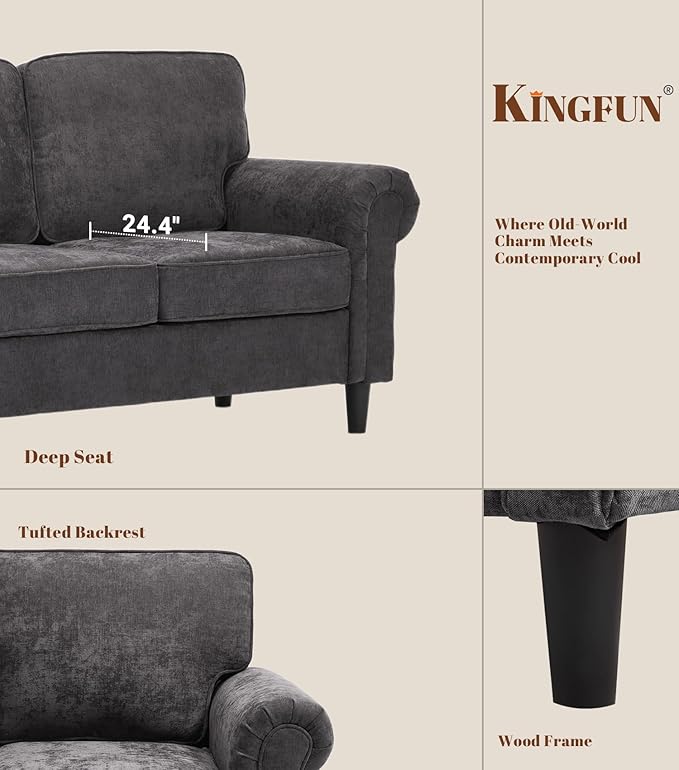 Kingfun Loveseat 2&amp3 Seater Couch with Chair Mid Century Modern Chenille Sofa Set with Rolled Arms and Deep Seats Fluffy Comfort for Living Room Apartment Easy Assembly Grey