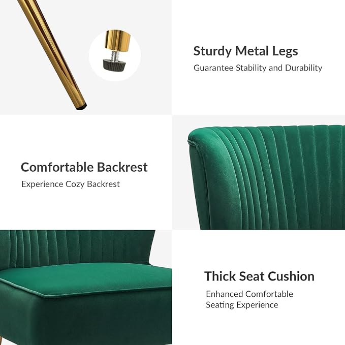 Tina's Home Velvet Armless Accent Chair Upholstered Modern Small Side Chair with Golden Legs Comfy Cute Wingback Slipper Chair for Living Room Study Beauty Room Thickly Padded(Green)