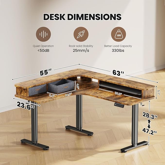 Flycity Electric L Shaped Standing Desk with Drawers 63 x 55 Corner Standing Desk Adjustable Height Stand Up Home Office Desk Dual Motor Sit Stand Desk with 3 Memory Preset &amp Lock Brown