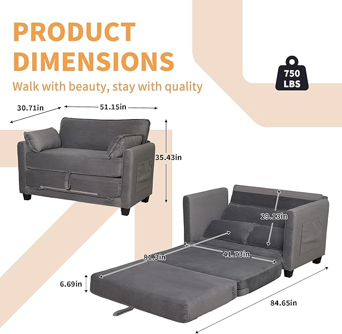 Convertible Sofa Bed Loveseat Sleeper Sofa with Side Storage &amp Solid Wood Frame Corduroy Small Couch Bed for Small Space Pull Out Floor Couch for Apartment Guest (Grey 51)