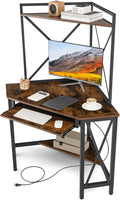 Tangkula Corner Desk with Hutch &amp Charging Station Space-Saving Computer Desk with Shelves &amp Keyboard Tray Triangle Home Office Desk with Metal Frame Corner Desk for Small Space