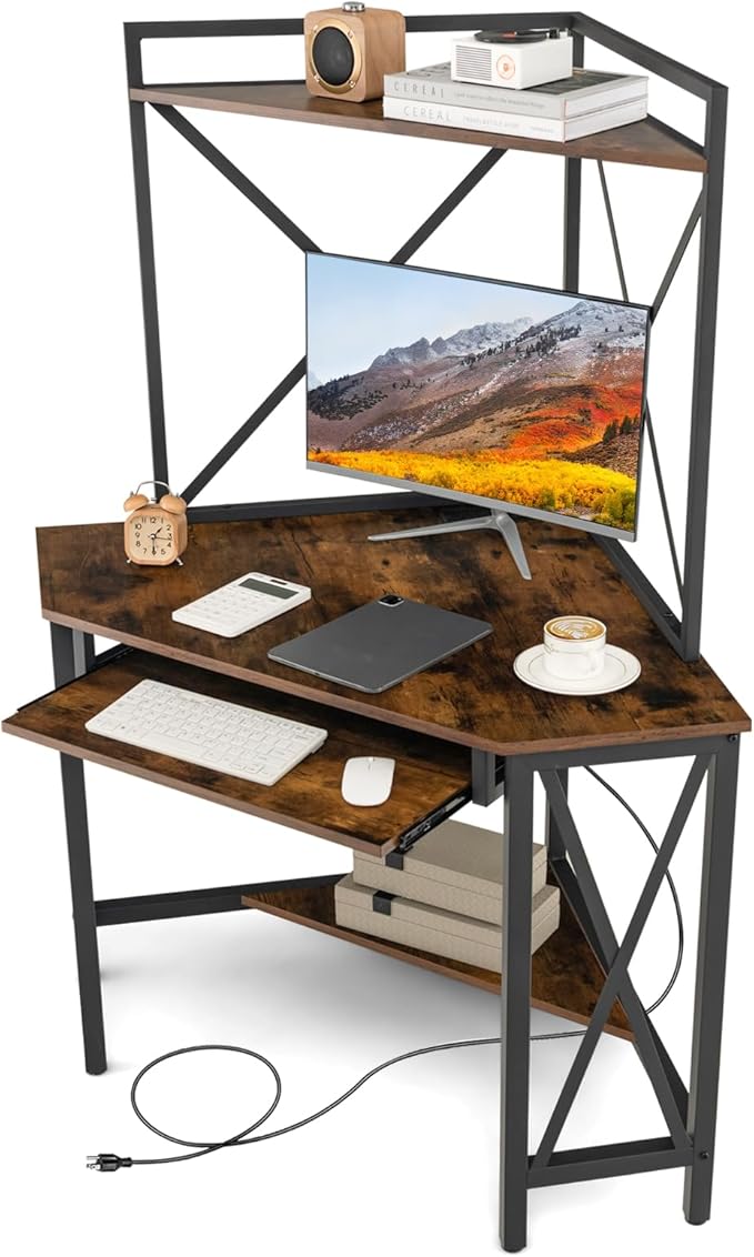 Tangkula Corner Desk with Hutch &amp Charging Station Space-Saving Computer Desk with Shelves &amp Keyboard Tray Triangle Home Office Desk with Metal Frame Corner Desk for Small Space