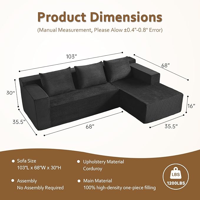 ANONER 103 L-Shape Cloud Sectional Sofa with Chaise Modern Minimalist Modular Deep Seat Couch Boneless Free Combination Furniture No Assembly Required Dark Grey for Living Room Apartment