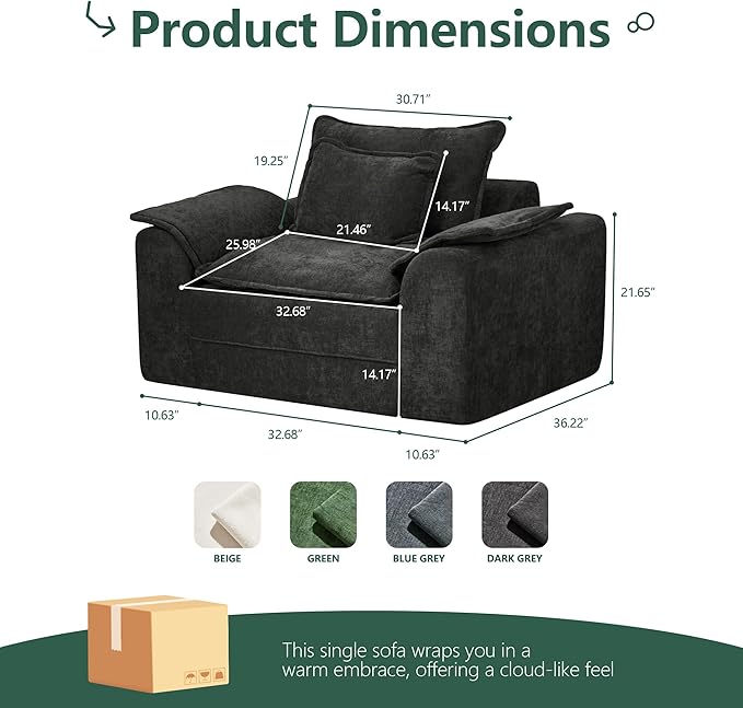 Hobestluk Cloud Single Sofa Memory Foam Couch with Deep Seat L Shaped Sofa with Removable Cover Large Couch for Living Room (Dark Grey Single Sofa)