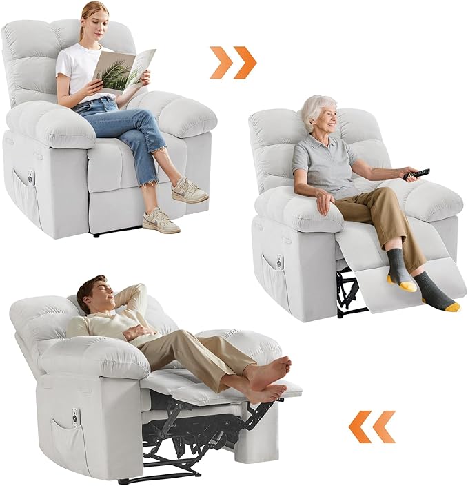 Ergonomic Oversized Recliner Rocking Chair with Massage Heat &amp Lumbar Support - Breathable Overstuffed Upholstery Side Pockets Remote Control for Living Room &amp Bedroom