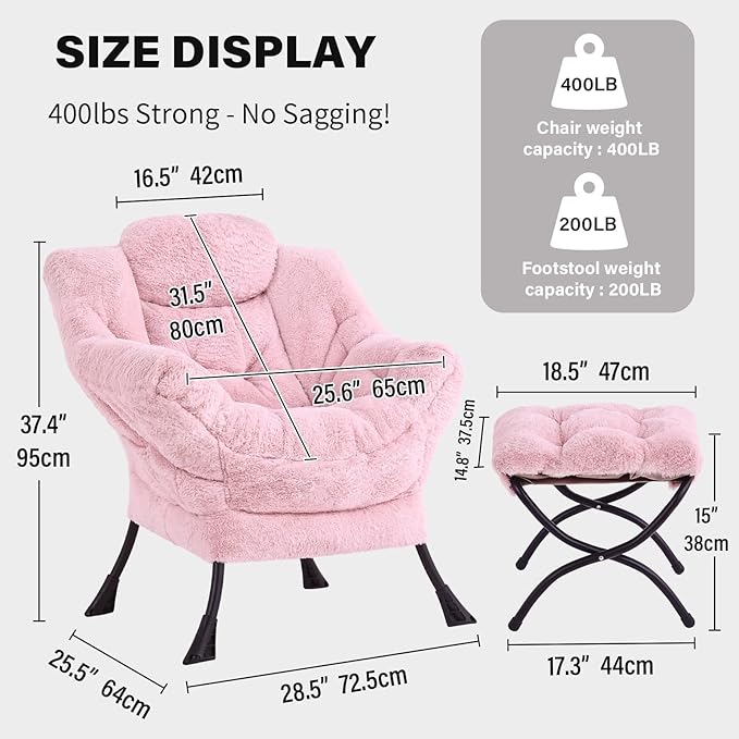 Tiita Lazy Chair with Ottoman Pink Modern Large Accent Chair Comfy Leisure Sofa Armchair with Ottoman Reading Chair with Footrest for Bedroom Living Room Dorm Rooms Plush Pink