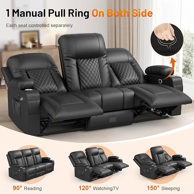 Loveseat Recliner Sofa Modern Dual Reclining Sofa with Flip Back Console 3 Seater PU Leather Loveseat Couch for Living Room/RV with Storage USB Ports Cup Holder Cell Phone Holder Black