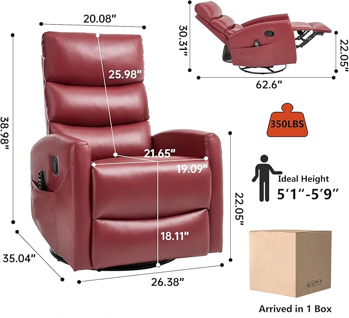 PELUMY 360° Swivel Rocker Recliner with Heat &amp Vibration Massage Glider Rocking Chair for Adults Compact Recliner for Living Room Small Spaces Nursery Bedroom (Breathable Leather Red)