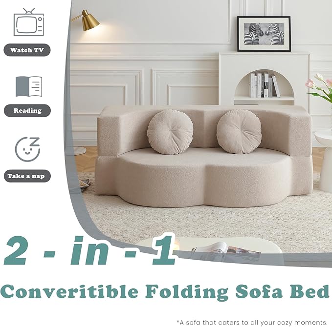 76 Convertible Folding Futon Sofa Bed Queen Sleeper Sofa with Pillow Teddy Fabric Floor &amp Futon Loveseat Couch Foam Folding Mattress Sleeper for Living Room Guest Use Office Apartment(Beige