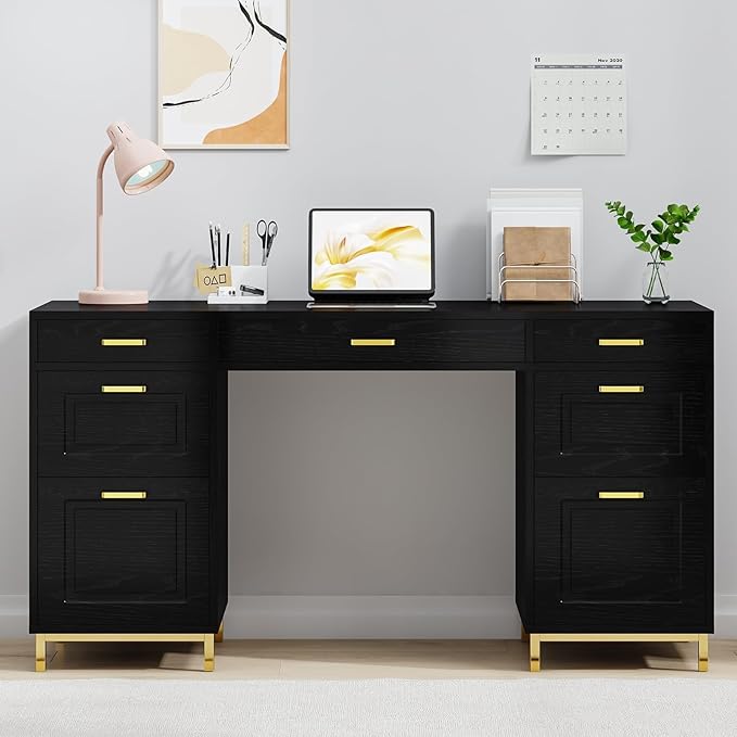 Black Computer Desk with 7 Drawers 57 Inch Home Office Desk with File Drawers Wood Modern Desk with Storage for Bedroom Executive Desk with Golden Legs and Handles Black and Gold