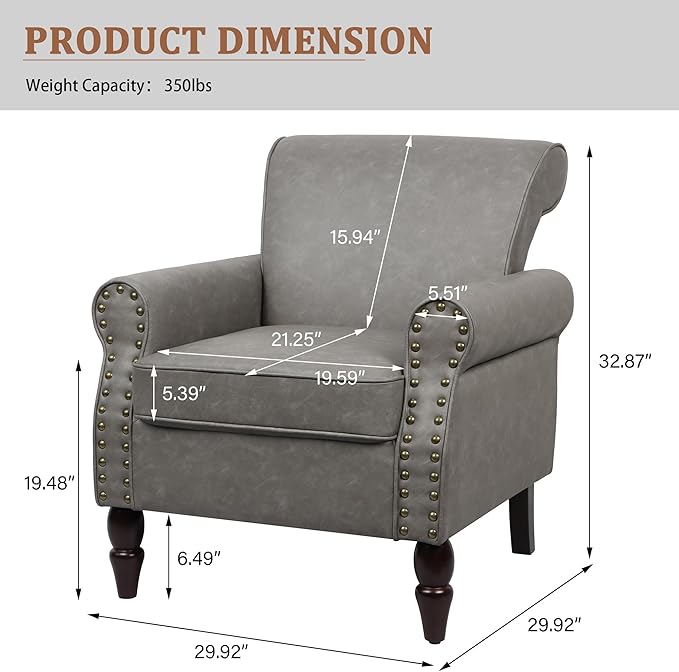 Accent Chair Mid Century Modern Faux Leather Arm Chair with Wood Leg for Living Room Bedroom Comfy PU Leather Club Reading Chairs with Wingback &amp Nailhead Trim (Leather Grey Set of 2)