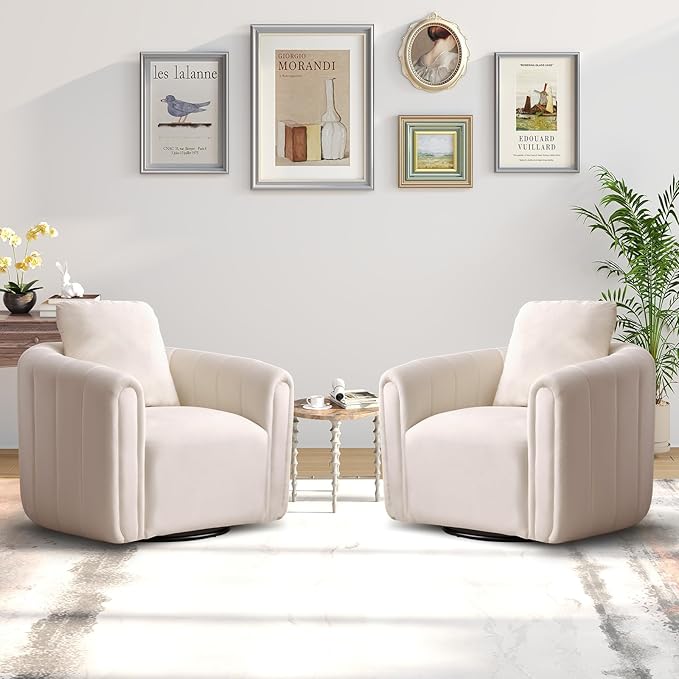 CANMOV Swivel Accent Chair Set of 2360-degree Swivel Barrel Chair with Curve Backrest Comfy Velvet Pumpkin-Shaped Round Armchair Modern Single Sofa for Living RoomBedroomWaiting RoomWhite
