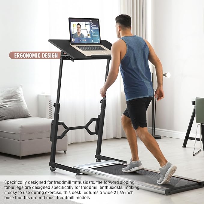 Small Standing Desk with Wheels Portable Treadmill Desk Rolling Desk Adjustable Height for Laptop Mobile Standing Table for Walking Pad Bedside Table