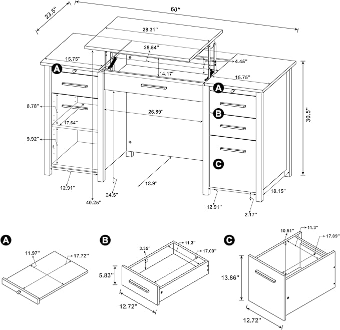 Coaster Home Furnishings - Dylan - Engineered Wood - 60-Inch Lift-Top Office Desk Includes 4 Drawers with Full-Extension Glide and 2 Pull-Out Trays - Home Office - White High Gloss - 801573