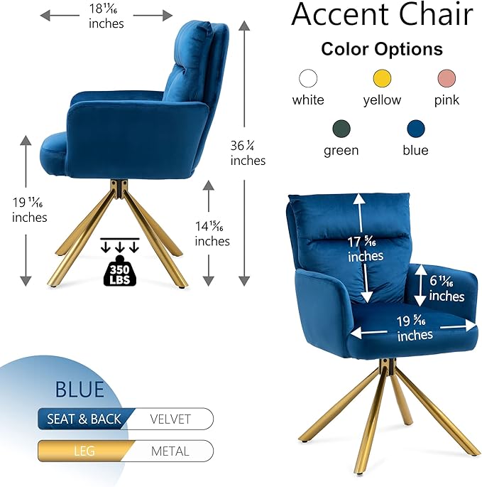 NORDICANA 180° Swivel Velvet Living Room Chair Modern Dining Armchair with Golden Legs Ergonomic Upholstered Accent Chair Single Sofa for Bedroom Reading Home Office Navy Blue