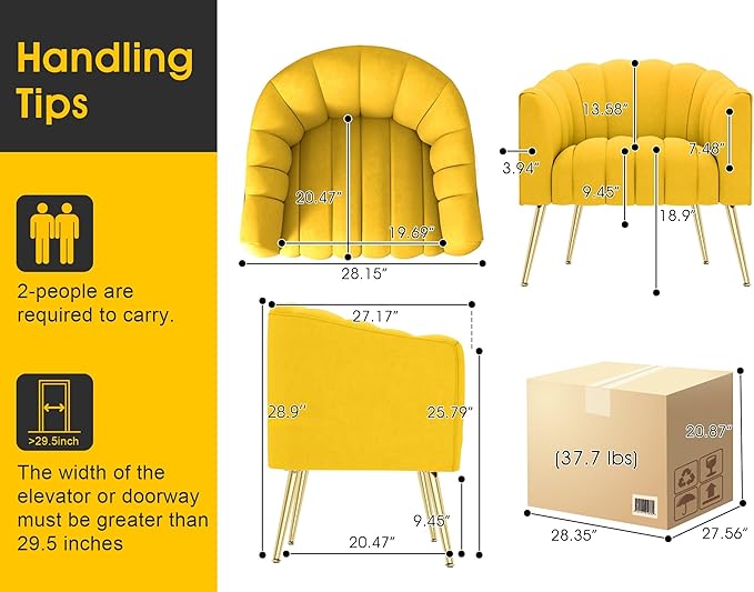 Oversized Pumpkin Couch Accent Chair Modern Comfy Velvet Upholstered Barrel Chairs Luxury Single Sofa Armchair for Living Room Waiting Room Office and Vanity (Yellow)