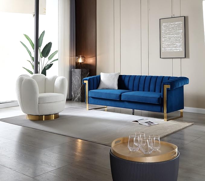 83'' Blue Velvet Couch Sofa Mid-Century Modern Love Seat Chesterfield 3 Seat Couches Sofa for Living Room Apartment (Blue)