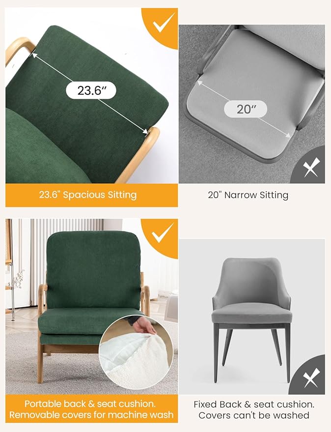 Mid Century Modern Accent Chairs for Living Room 23” Wide Comfy Chair for Bedroom Small Cozy Corduroy Reading Chairs for Adults 108° Lounge Arm Chair Indoor with Detachable Cover 5.5 Foam Cushion