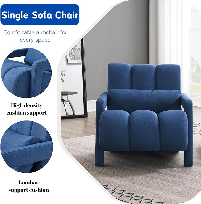 Modern Upholstered Accent Chair with Pillow - Comfortable and Sturdy Linen Fabric for Living Room Bedroom Office and More (Navy Blue)