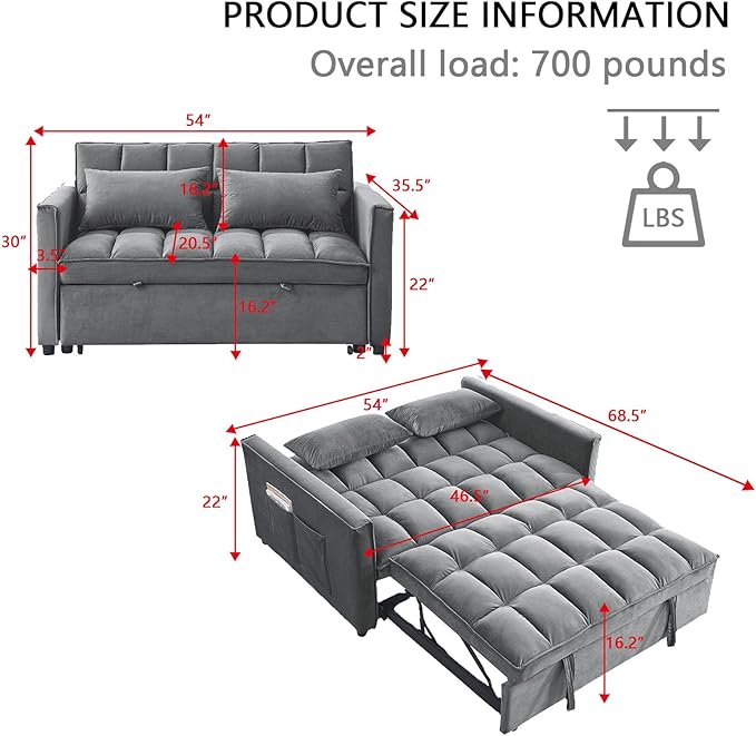 54 Convertible Sofa Bed Velvet Sleeper Sofa with Pull-Out Bed 3-in-1 Futon Couch with Reclining Backrest and Side Pocket Modern Loveseat for Living Room (Medium Grey)