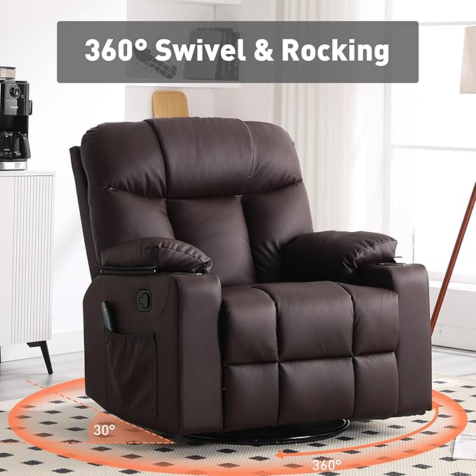 Bonzy Home Swivel Rocker Recliner with Heating and Massage 40 Manual Rocker Recliner Chair PU Leather Single Sofa with 2 Cup Holders for Living Room Bedroom Brown