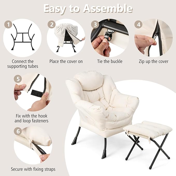 Giantex Lazy Chair with Ottoman Accent Sofa Chair with Folding Footrest Side Storage Pocket Upholstered Leisure Lounge Armchair with Stool for Bedroom Living Room Office Beige