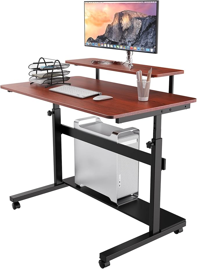 It's_Organized Height Adjustable Portable Computer Desk41''Rolling Laptop Desk Mobile Standing Desk with Monitor Shelf &amp HutchTeak