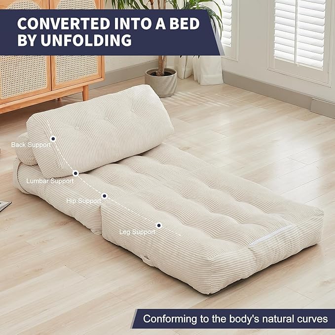 ijuicy Folding Sofa BedCorduroy Futon Sofa Bed Convertible Sleeper Chair with Pillow Foldable Mattress with Back Support Floor Couch for Adults for Living RoomNo Assembly（Beige/Single）