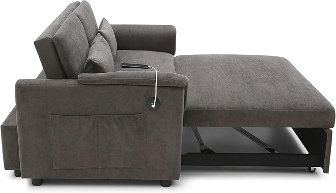 3 in 1 Convertible Sofa Bed with USB Ports - 55 Modern Velvet Sleeper Loveseat with Adjustable Backrest Pull-Out Bed 2 Pillows &amp Storage Pockets Space Saving (Grey)