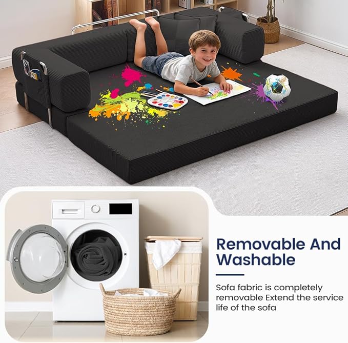 Folding Sofa Bed Convertable Corduroy Couch King Size Floor Sleeper 4-in-1 DIY Combination Modular Sofa Fold Out Futon Lounge Comfy Foldable Lazy cama for Living Room (Black 80.15)