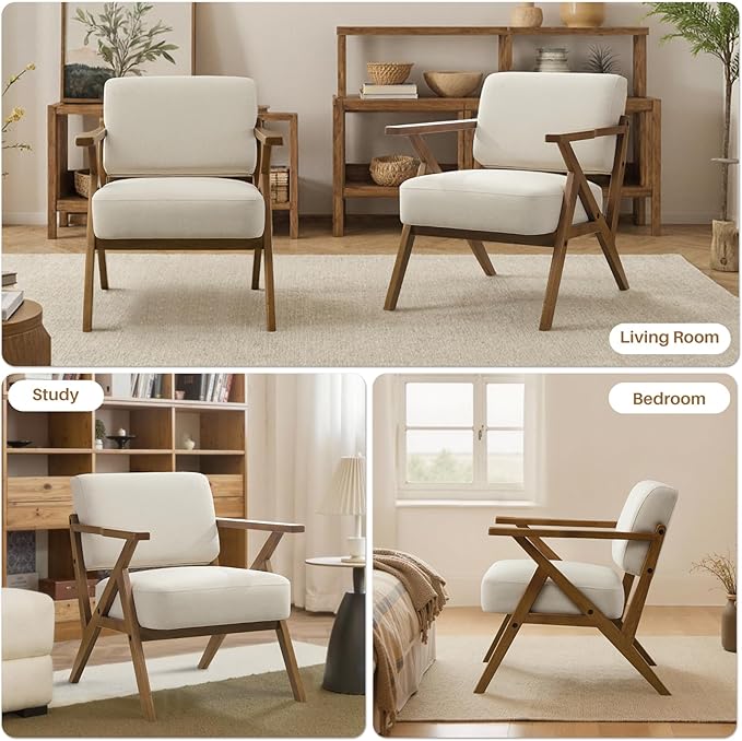 Mid Century Modern Accent Chair Set of 2 Linen Upholstered Boho Armchairs for Living Room Wood Frame Leisure Chair for Bedroom/Balcony/Hotel/CaféBeige