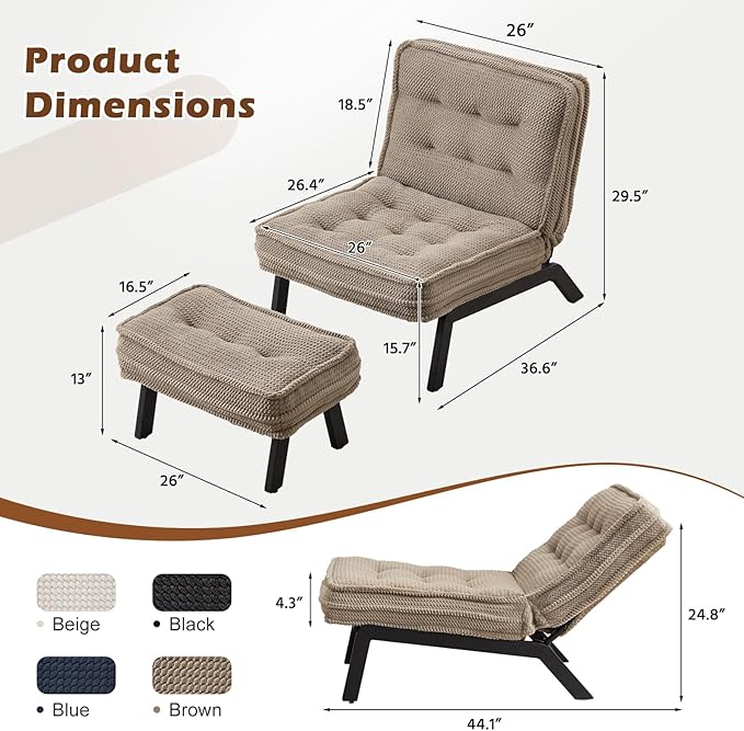 ANJ Accent Chair with Ottoman Adjustable Backrest Khaki Living Room Chair Tufted Upholstered Lounge Chair with Footrest Set Modern Chair Cozy Reclining Chair for Reading Room Bedroom