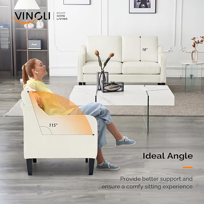 VINGLI Loveseat Mid-Century Modern Loveseat Sofa Couch 53 Wide 2 Seater Sofa Couch Love Seat with Scooped Armrest for Small Spaces Living Room Dorm Bedroom Apartment (Creamy White)