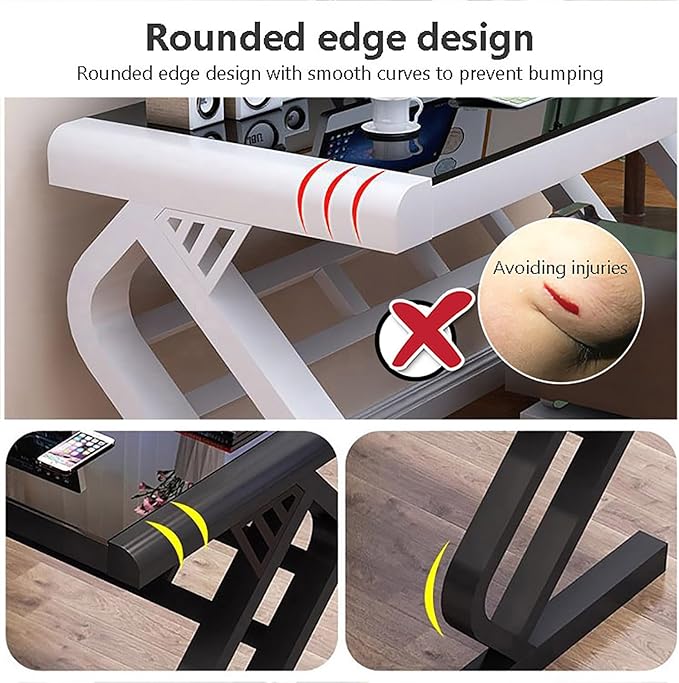 Tempered Glass Computer DeskModern Office Desk with Glass Top &amp Z-Shaped Metal FrameSturdy Writing Desk Table Study DeskGaming Desk Computer Desk for Home Office Workstation