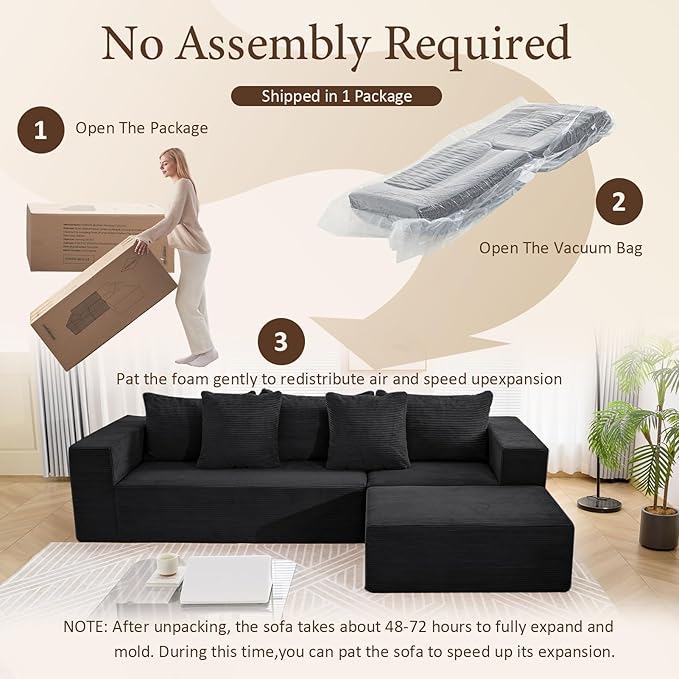 INGEROOM 108 Modular Cloud Sectional Couch with Deep Seat Boneless Sofa with Movable Ottoman Plush Corduroy Memory Foam Couch for Living Room No Assembly Dark Gray
