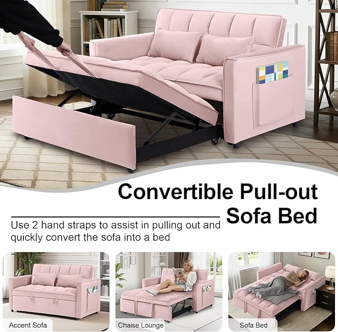 3 in 1 Convertible Sofa Bed Pull Out Couch with Adjustable Backrest Velvet Sleeper Sofa Loveseat with Pillows and Side Pockets for Living Room Bedroom Apartment Pink