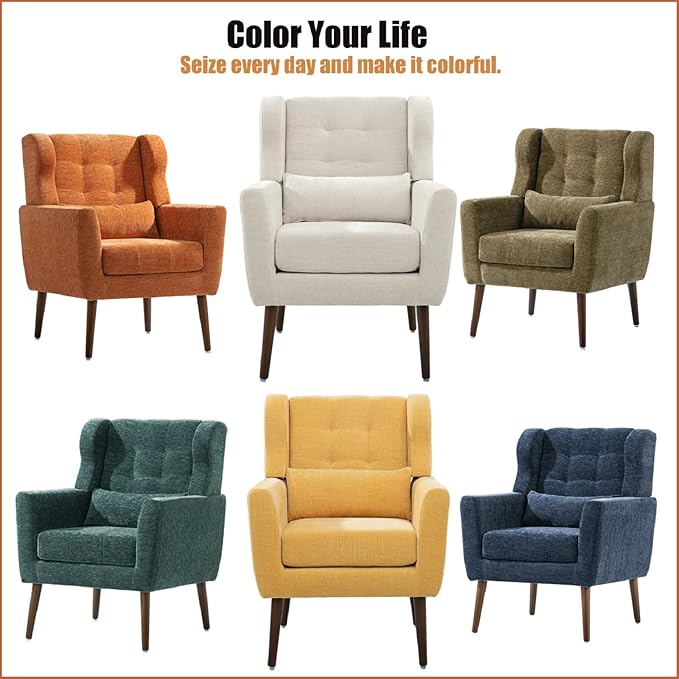 Modern Accent ChairsUpholstered Arm Chairs with PillowMid Century Sofa Chairs with Chenille FabricComfy Reading Chair for Living RoomBedroom (Blue Set of 2)