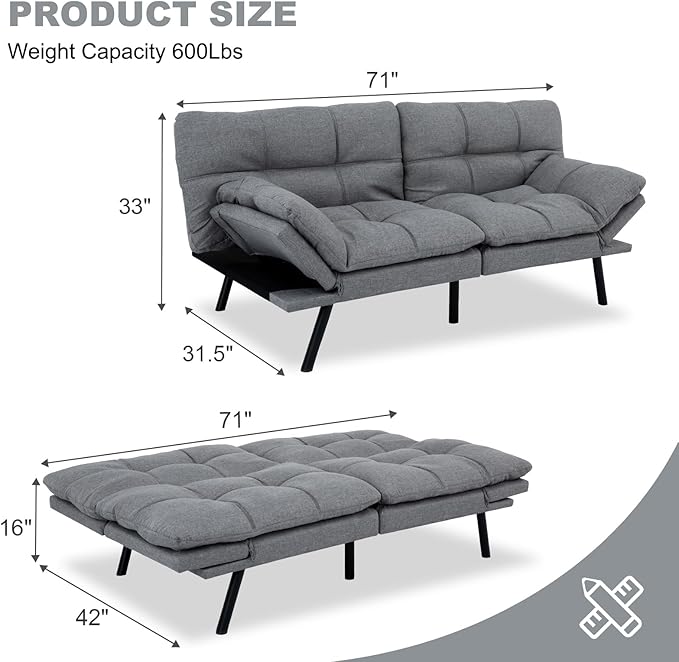 MUUEGM Futon Sofa Bed Convertible CouchMemory Foam Futon Sofa CouchSleeper Futons Sofa CouchesSmall Splitback Modern Loveseat Sofa Bed for Living RoomOfficeApartmentLinen FabricLight Gray.