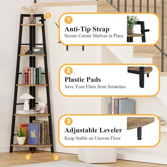 BON AUGURE Industrial Home Office Desks Rustic Wood Computer Desk Corner Ladder Shelf 5 Tier Metal Wood Corner Bookshelf Tall Corner Shelf Plant Stand for Living Room