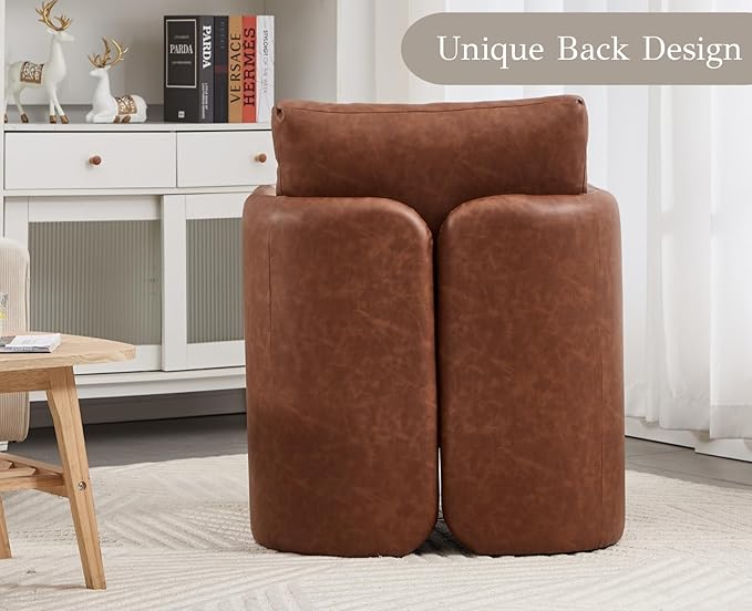 EALSON Leather Upholstered Modern Accent Chair Mid-Century Barrel Armchair with Padded Cushion Comfy Reading Chair for Living Room/Bedroom Brown