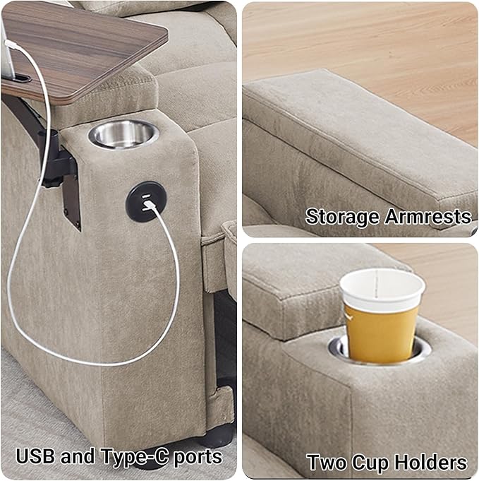 Rovibek 3 in 1 Sofa Bed 65 Inch Convertible Pull Out Couch with USB and Type-C Ports Loveseat Sleeper Bed with Small Table 3 Level Adjustable Backrest for Living Room Khaki