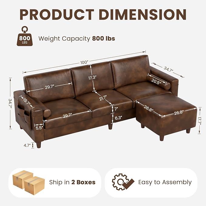 Vesgantti 100 L Shaped PU Faux Leather Sofa with Movable Ottoman 3 Seater Leather Sectional Couch with Side Pocket Comfy Modern Modular Couch for Living Room Apartment Cocoa