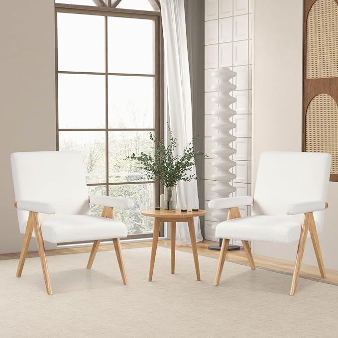 Giantex Mid-Century Modern Accent Chairs Set of 2 Sherpa Fabric Reading Chair with Padded Armrests Solid Rubber Wood Frame Upholstered Side Arm Chair for Living Room Bedroom Office Beige