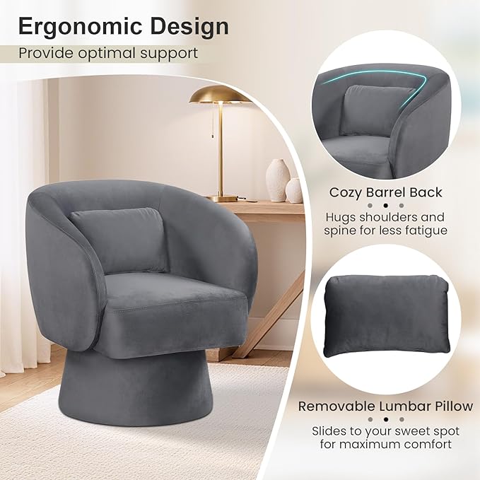 Giantex Swivel Accent Chair Upholstered Barrel Chair with Curved Back &amp Removable Lumbar Pillow Comfy Round Armchair with 360° Rotating Function Single Sofa Chair for Living Room