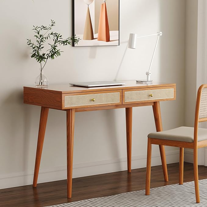 Mid-Century Modern Solid Wood Desk with Drawers – 45 inch Small Boho Rattan Writing Desk for Home Office Minimalist Design Natural Wood Legs Table for Workspace Elegance