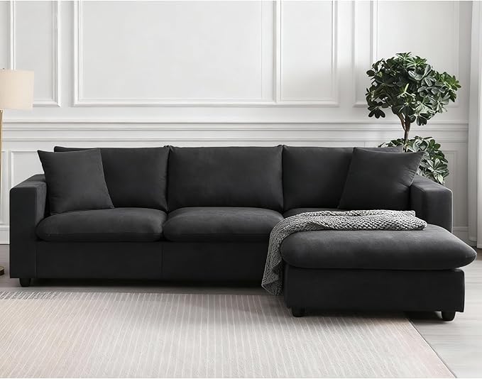Modular Sectional Sofa for Living Room Modern L Shaped Cloud Couch with Ottoman Small Sectional Couch with Chaise Comfy 3 Seater Sofa for Small Spaces Apartment Black