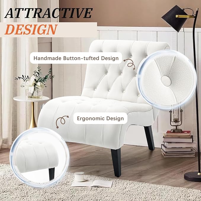 AVAWING Armless Accent Chair Set of 2 Upholstered Button Tufted Living Room Chairs with Wood Legs Comfy Frosted Velvet Lounge Chair Reading Chair for Bedroom Cream White