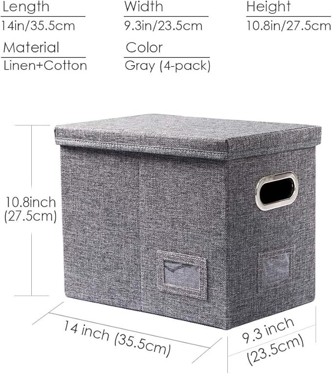 PRANDOM File Organizer Box - Set of 4 Collapsible Decorative Linen Filing Storage Hanging File Folders with Lids Office Cabinet Letter Size Grey (14x9.3x10.8 inch)