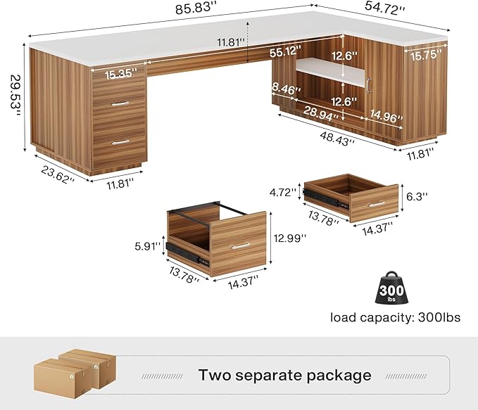 Tribesigns 85.8-Inch L-Shaped Executive Desk Extra Large Modern Office Desk with File Drawers Door Cabinet &amp Shelves Commercial Office Table Home Business Workstation White &amp Brown